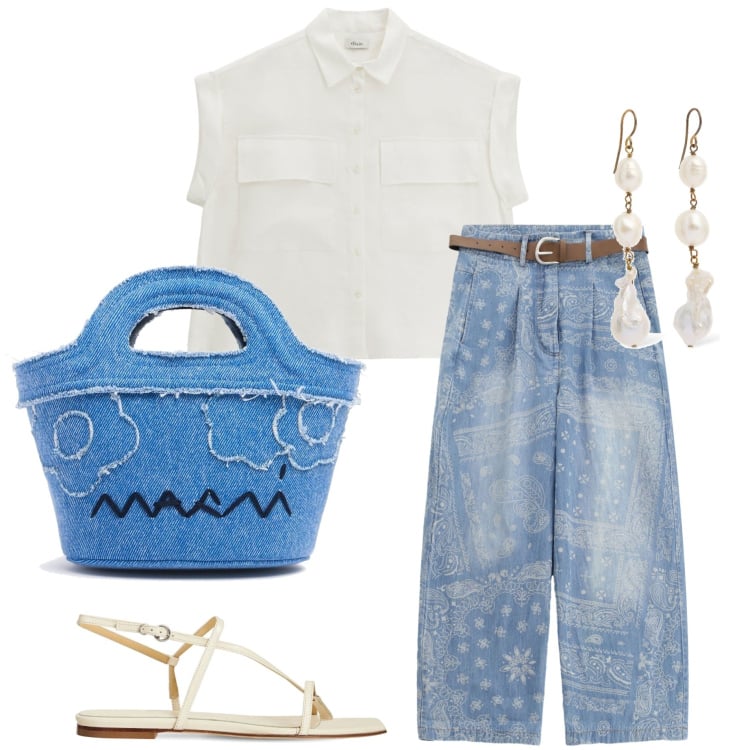 Outfit donna - In città. Stile Casual chic per Ufficio. Abbinamento con jeans, camicie a manica corta, sandali in pelle, borse a mano, orecchini.