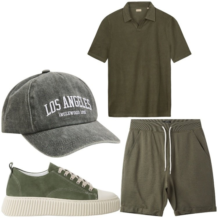 Outfit uomo - Un solo colore. Stile Casual per Tutti i giorni. Abbinamento con pantaloni corti, cappelli, sneakers, polo.
