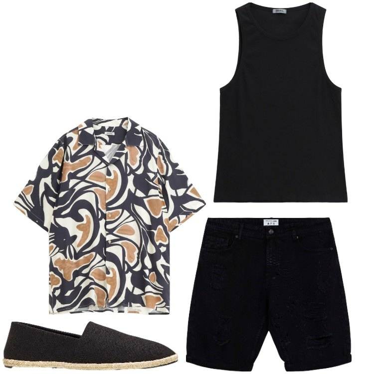 Outfit uomo - Aperitivo in spiaggia. Stile Casual per Mare. Abbinamento con espadrillas, bermuda, camicie a manica corta, canottiere.