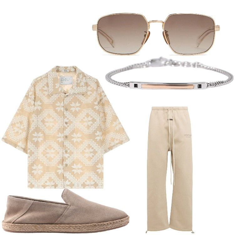 Outfit uomo - Relax estivo. Stile Casual per Tutti i giorni. Abbinamento con braccialetti, camicie a manica corta, pantaloni, espadrillas, occhiali da sole.