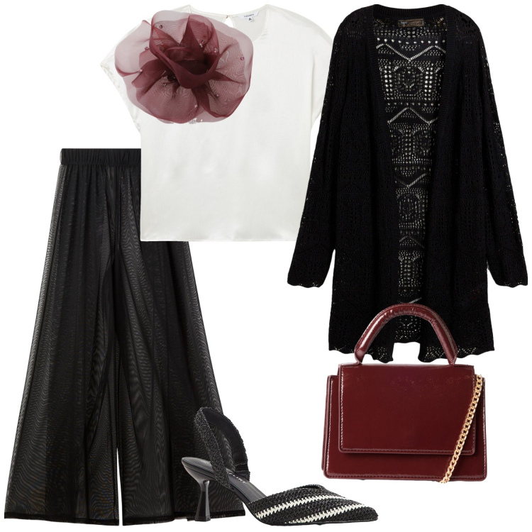 Outfit donna - Una serata. per Serata fuori. Abbinamento con cardigans, décolleté, borse a tracolla, bluse, pantaloni a palazzo, foulard.