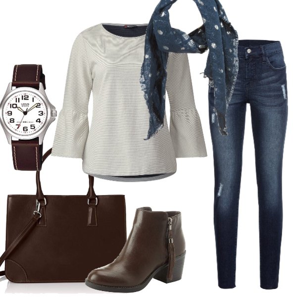 Outfit donna - L’informale in ufficio. Stile Bon Ton per Ufficio. Abbinamento con jeans strappati, sciarpa blu, t-shirt a maniche lunghe con orlo bianco, scarpe col tacco marrone, borsa a mano marrone, orologio analogico.