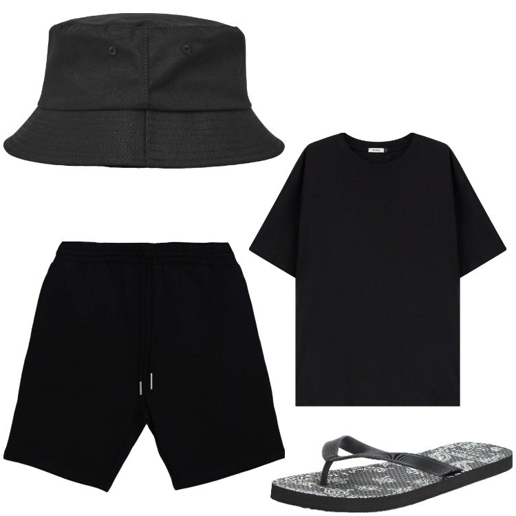Outfit uomo - Total black. Stile Casual per Tutti i giorni. Abbinamento con sandali, cappelli, pantaloni corti, t-shirt.