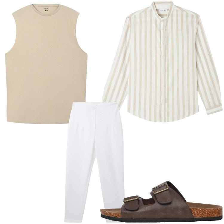 Outfit uomo - Bianco beige. Stile Casual per Tutti i giorni. Abbinamento con camicie, pantaloni chino, canottiere, sandali.