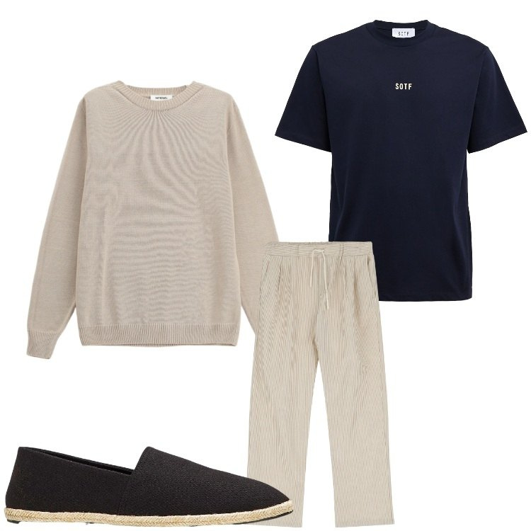Outfit uomo - Concerto all´alba. Stile Casual per Serata speciale. Abbinamento con espadrillas, pantaloni, maglieria, t-shirt.