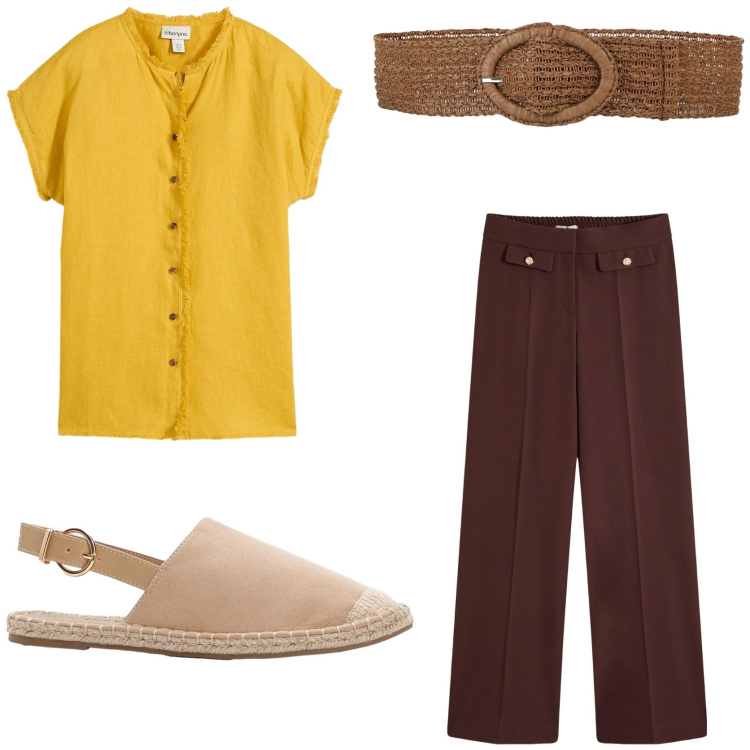 Outfit donna - Outfit comodo. Stile Urban per Tutti i giorni. Abbinamento con pantaloni, cinture, espadrillas, bluse.