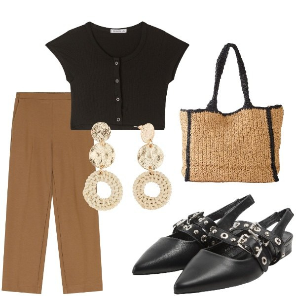 Outfit donna - Le serate di Luglio. Stile Casual chic per Tutti i giorni. Abbinamento con shopping bag, orecchini, top, sabot, pantaloni.