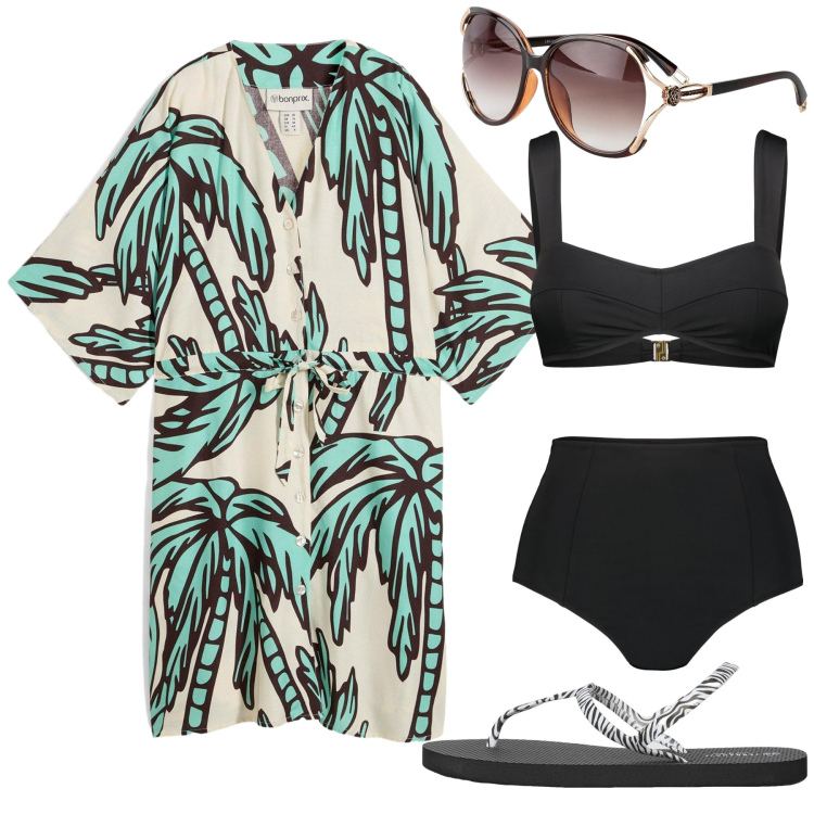 Outfit donna - Total look #2206212. Stile Basic per Mare. Abbinamento con vestiti corti, occhiali da sole, sandali, bikini.