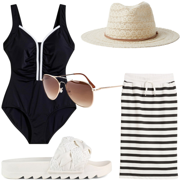 Outfit donna - Il costume glam. Stile Glamour per Mare. Abbinamento con costumi interi, gonne, occhiali da sole, cappelli, ciabatte.