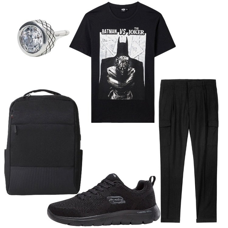 Outfit uomo - Black. Stile Casual per Tutti i giorni. Abbinamento con sneakers, t-shirt, orecchini, borse sportive, pantaloni cargo.
