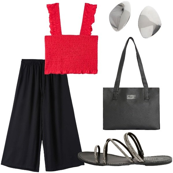 Outfit donna - Le serate di Luglio. Stile Casual per Tutti i giorni. Abbinamento con top, pantaloni a palazzo, sandali, orecchini, shopping bag.