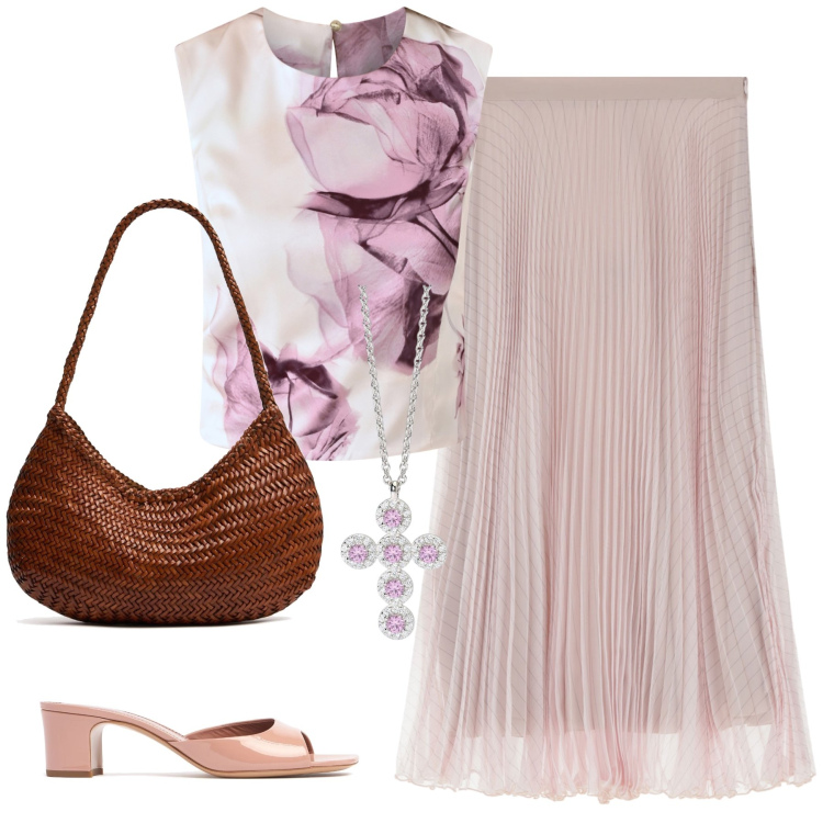 Outfit donna - Total look #2206219. Stile Bon Ton per Cerimonia. Abbinamento con ciondoli, top, gonne, borse a spalla, sandali in pelle.
