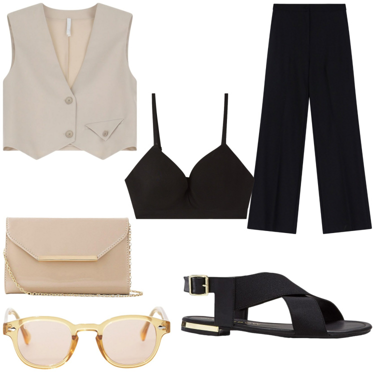 Outfit donna - Mannish. Stile Mannish per Tutti i giorni. Abbinamento con sandali, pochette, reggiseni a balconcino, occhiali da sole, pantaloni, gilet.
