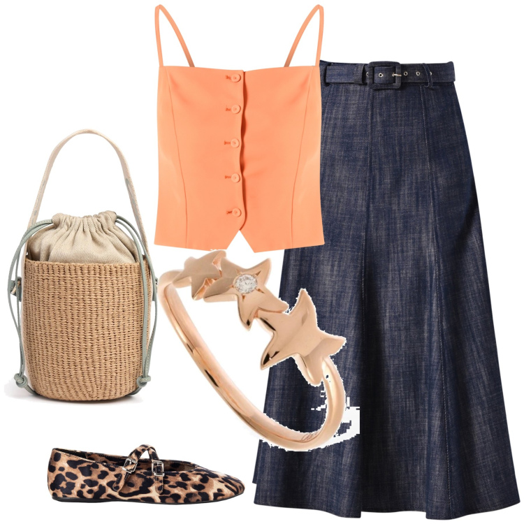 Outfit donna - Total look #2206222. Stile Casual per Tutti i giorni. Abbinamento con ballerine, gonne longuette, canottiere, anelli, borse a secchiello.