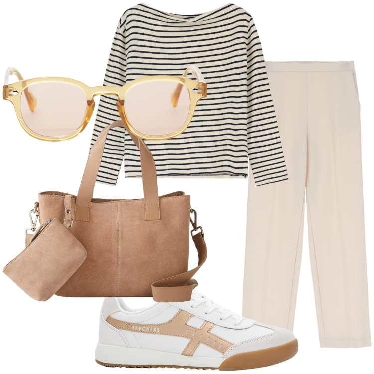 Outfit donna - Serata a passeggio col cane. Stile Basic per Tutti i giorni. Abbinamento con borse a mano, sneakers, pantaloni, occhiali da sole, maglieria.