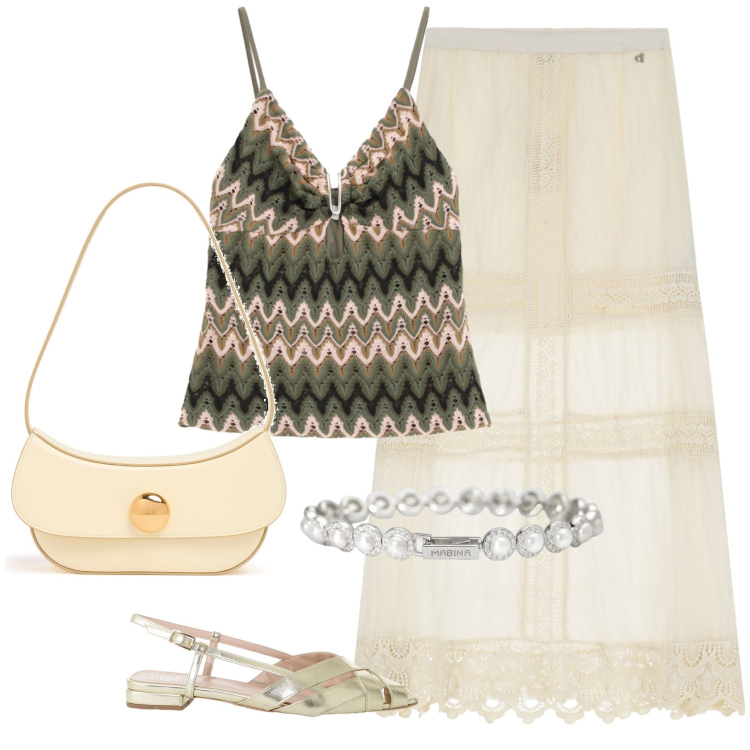 Outfit donna - Total look #2206226. Stile Boho per Serata fuori. Abbinamento con braccialetti, gonne lunghe, top, sandali, borse a spalla.
