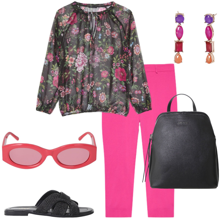 Outfit donna - In città. Stile Casual chic per Ufficio. Abbinamento con orecchini, zaini, sandali, bluse, pantaloni, occhiali da sole.
