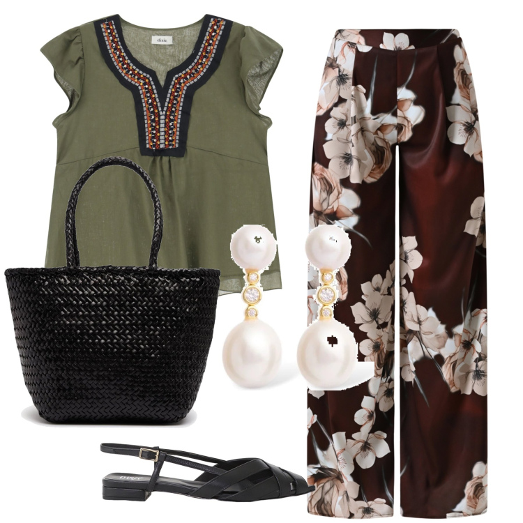 Outfit donna - Total look #2206241. Stile Chic per Tutti i giorni. Abbinamento con pantaloni a palazzo, top, sandali, borse a secchiello, orecchini.