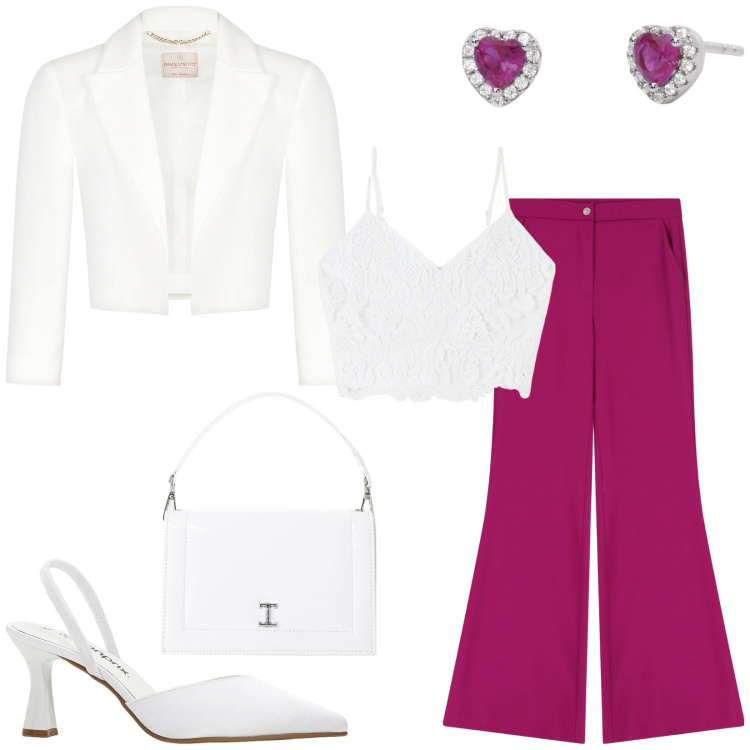 Outfit donna - Total look #2206242. Stile Glamour per Cerimonia. Abbinamento con décolleté, top, orecchini, bolero, borse a tracolla, pantaloni.