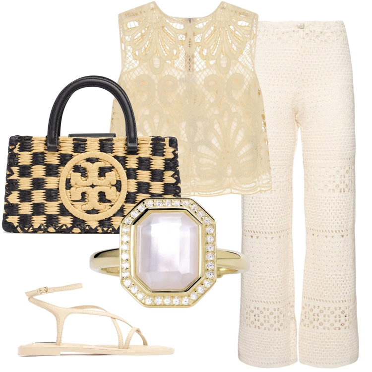 Outfit donna - Total look #2206244. Stile Bon Ton per Tutti i giorni. Abbinamento con anelli, top, pantaloni, sandali in pelle, borse a mano.