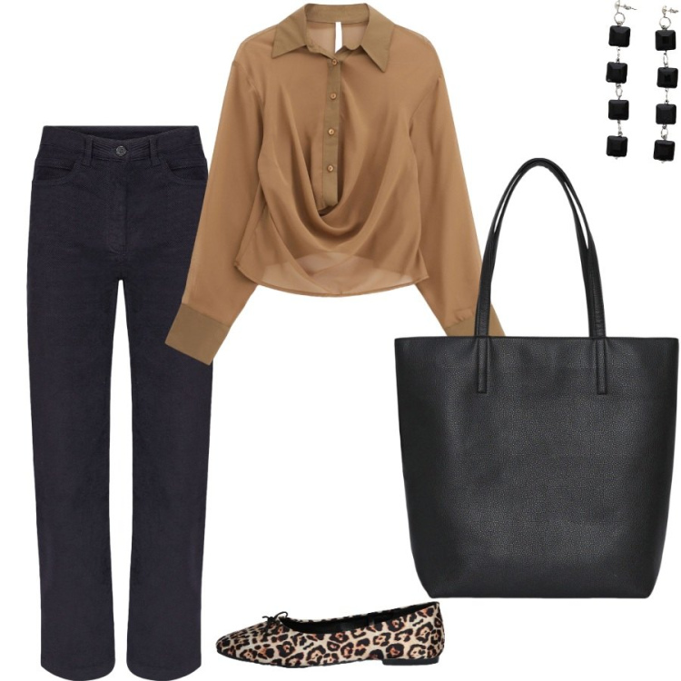 Outfit donna - Acquisti in saldo per per l\'autunno. Stile Casual chic per Ufficio. Abbinamento con borse tote, ballerine, camicie, orecchini, pantaloni.