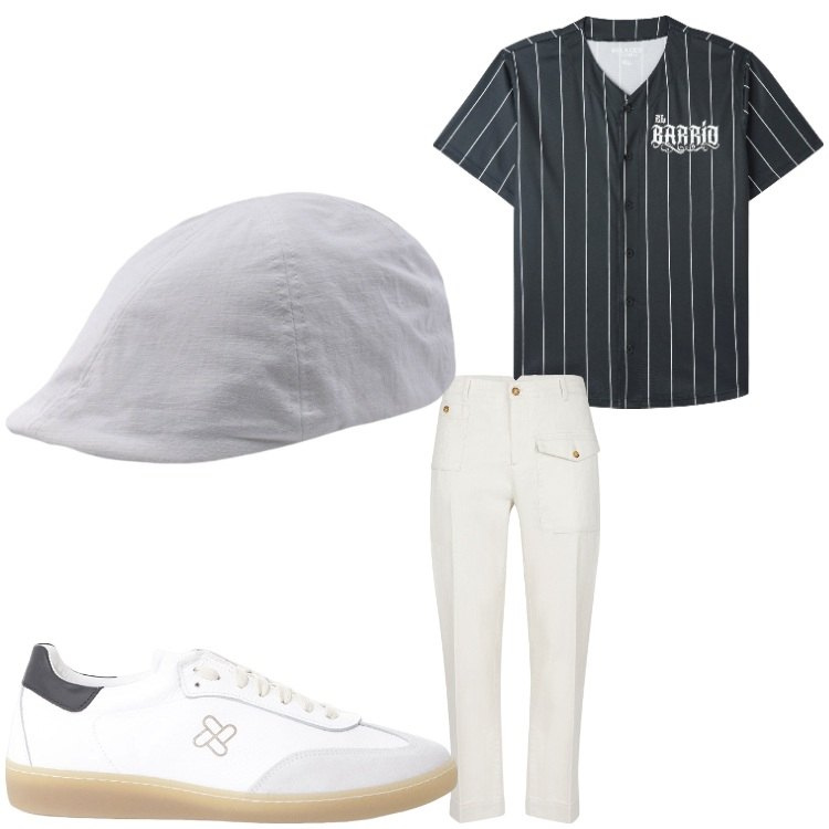Outfit uomo - Il giocatore di golf. Stile Casual per Tutti i giorni. Abbinamento con t-shirt, sneakers, cappelli con visiera, pantaloni.