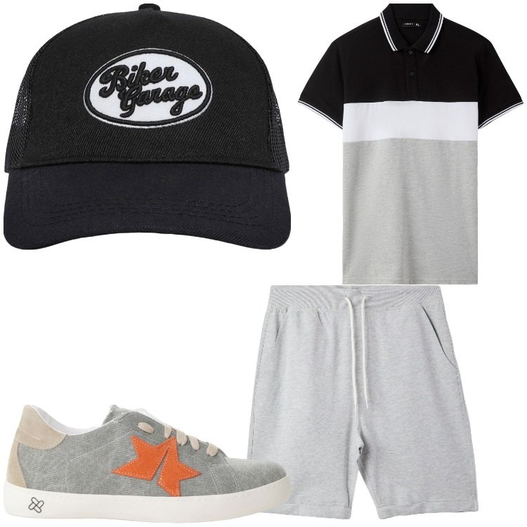 Outfit uomo - Gradazioni di colore. Stile Casual per Tutti i giorni. Abbinamento con cappelli, polo, pantaloni corti, sneakers.