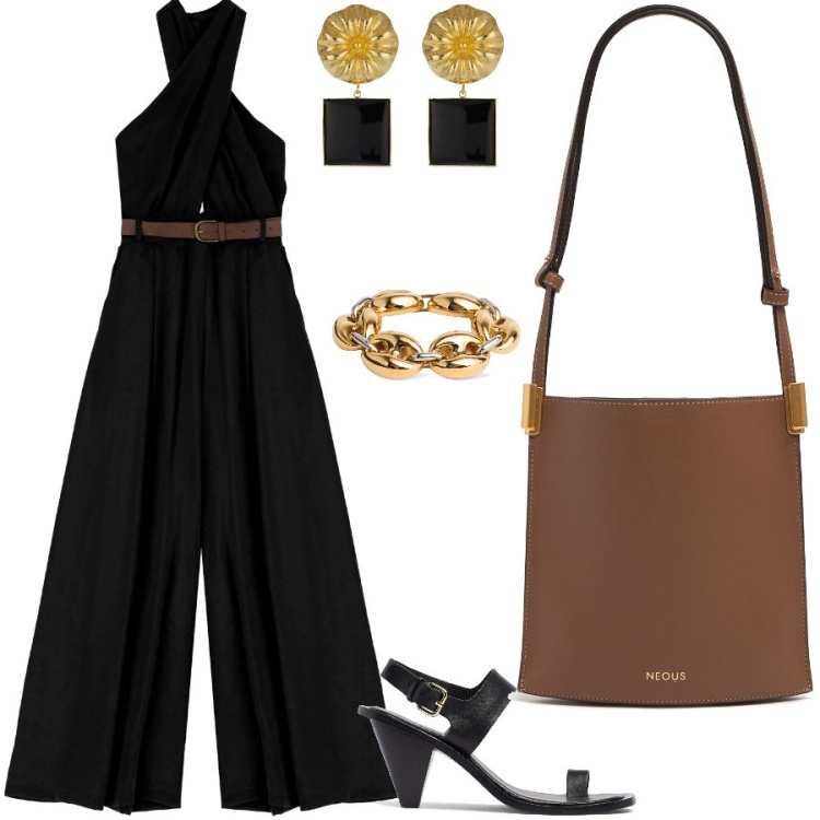 Outfit donna - La jumpsuite incrociata. Stile Glamour per Serata fuori. Abbinamento con tute, sandali in pelle, braccialetti, orecchini, borse a spalla.