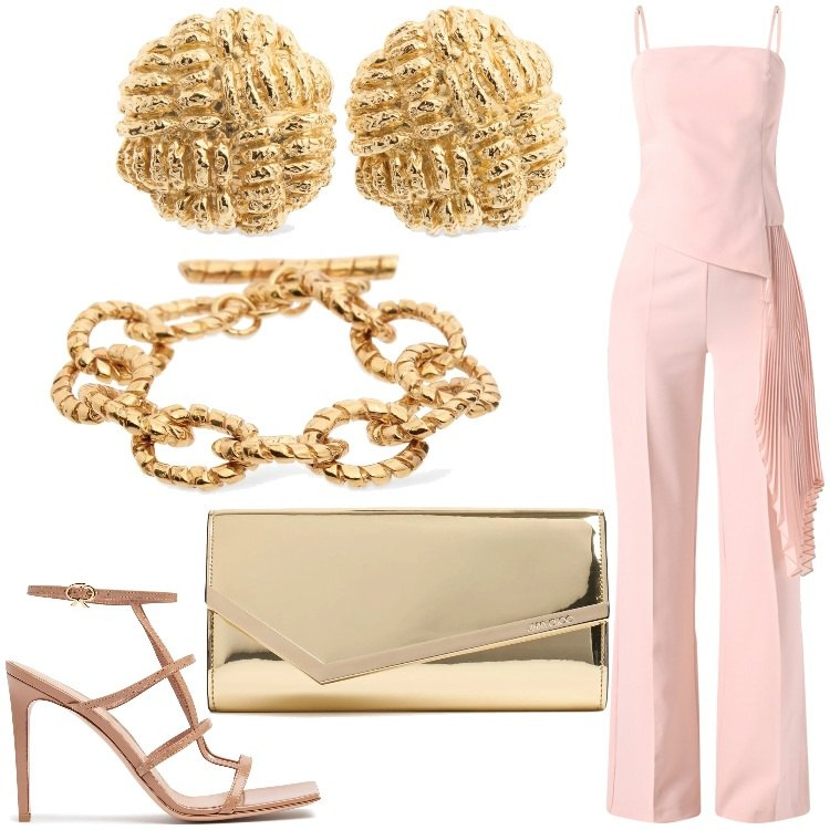 Outfit donna - Oro e rosa. Stile Chic per Cerimonia. Abbinamento con tute, pochette, braccialetti, orecchini, sandali in pelle.