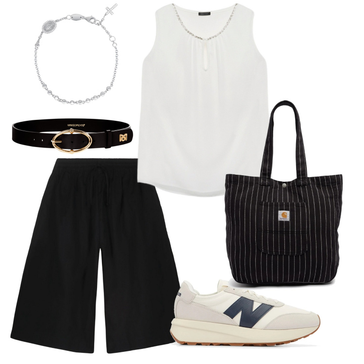 Outfit donna - Al campo 3. Stile Sporty chic per Tutti i giorni. Abbinamento con braccialetti con ciondoli, sneakers, cinture, bermuda, top, borse tote.
