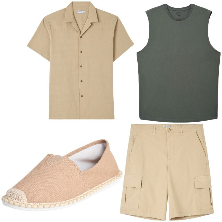 Outfit uomo - Cinema all´aperto. Stile Casual per Tutti i giorni. Abbinamento con espadrillas, camicie a manica corta, canottiere, bermuda.