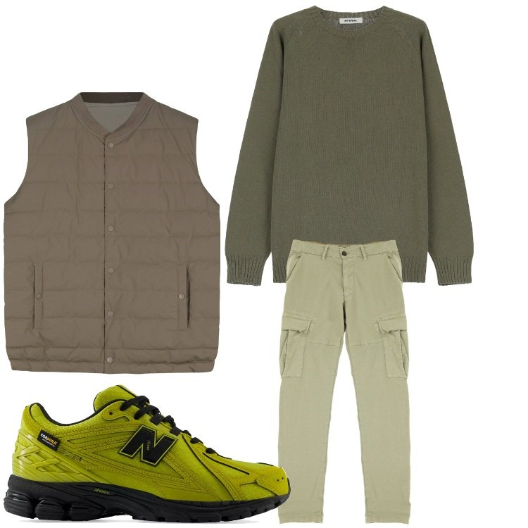 Outfit uomo - Sull´Abetone. Stile Casual per Sport. Abbinamento con sneakers, pantaloni cargo, maglieria, gilet.