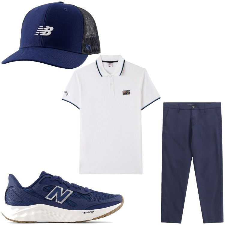 Outfit uomo - Bianco e blu. Stile Casual per Tutti i giorni. Abbinamento con polo, sneakers, cappelli con visiera, pantaloni.