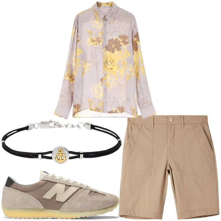 Outfit uomo - Camicia a fiori. Stile Casual per Serata speciale. Abbinamento con pantaloni corti, braccialetti, sneakers, camicie.