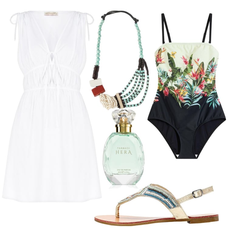 Outfit donna - Verde Acqua. Stile Minimal per Mare. Abbinamento con costumi interi, ciabatte, profumi, vestiti corti, collane.