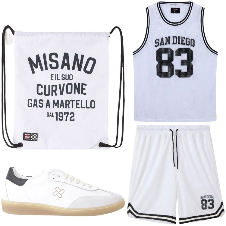 Outfit uomo - San Diego. Stile Casual per Sport. Abbinamento con borse sportive, t-shirt sportive, pantaloncini sportivi, sneakers.