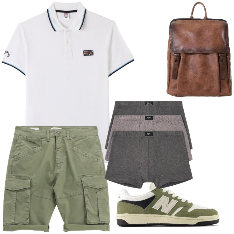 Outfit uomo - Estate in citta. Stile Casual per Tutti i giorni. Abbinamento con sneakers, borse sportive, bermuda, polo, boxer.