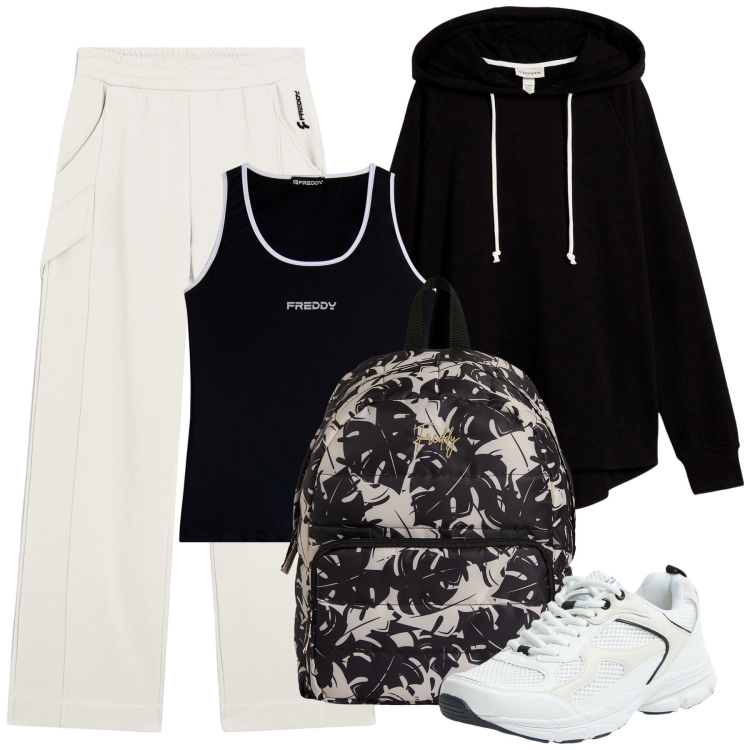 Outfit donna - Total look #2206309. Stile Basic per Sport. Abbinamento con felpe con cappuccio, sneakers, zaini, pantaloni, canottiere.