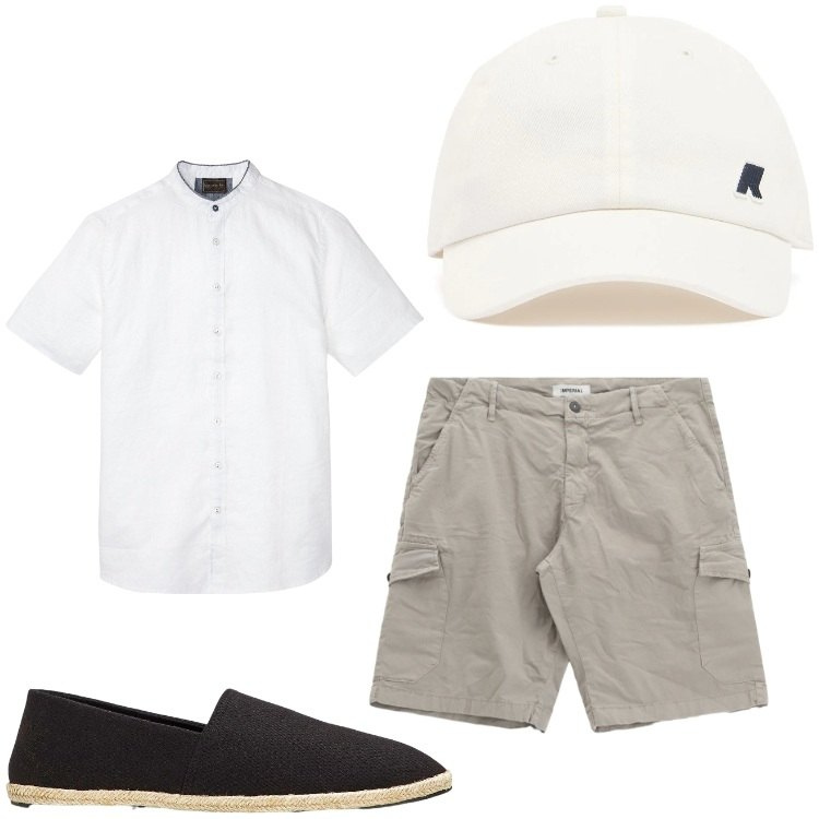 Outfit uomo - Colori chiari. Stile Casual per Tutti i giorni. Abbinamento con espadrillas, camicie a manica corta, bermuda, cappelli.