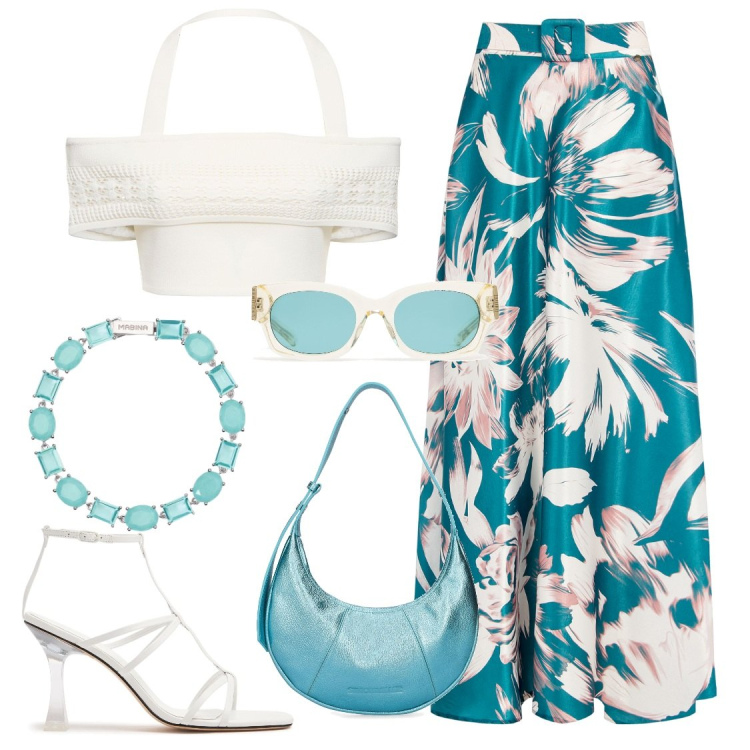 Outfit donna - Turchese. Stile Bon Ton per Cerimonia. Abbinamento con braccialetti, gonne lunghe, borse a spalla, sandali in pelle, occhiali da sole, top.