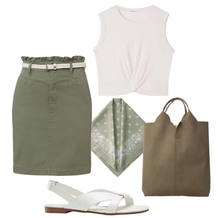 Outfit donna - Basica ma attenta ai dettagli. Stile Minimal per Tutti i giorni. Abbinamento con sandali, minigonne, top, shopping bag, foulard.