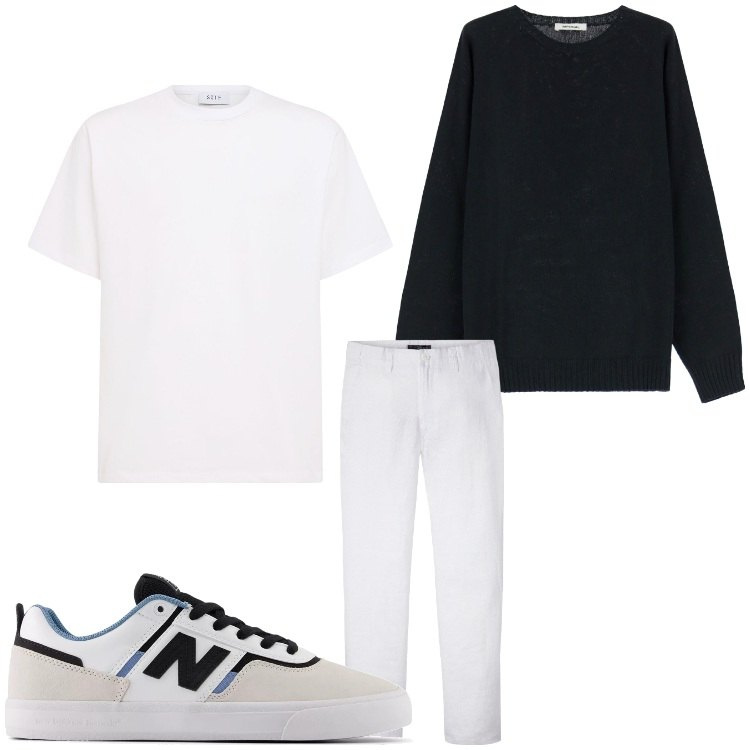 Outfit uomo - Bianco e nero. Stile Casual per Tutti i giorni. Abbinamento con pantaloni, sneakers, maglieria, t-shirt.