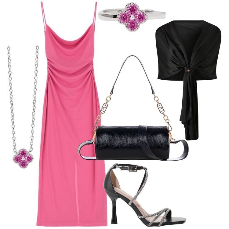 Outfit donna - Evento serale. Stile Glamour per Serata fuori. Abbinamento con anelli, collane, scialli, borse a mano, vestiti, sandali col tacco.