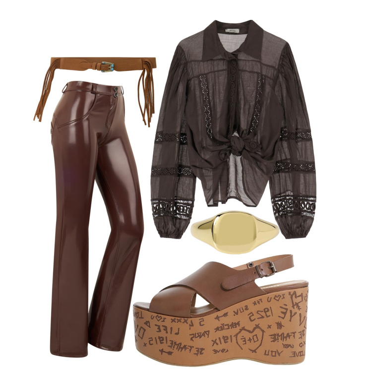 Outfit donna - Serata fuori. Abbinamento con anelli, pantaloni, cinture, zeppe, camicie.