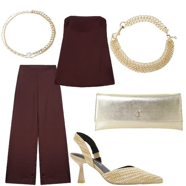 Outfit donna - Compleanno in villa. Stile Glamour per Serata fuori. Abbinamento con décolleté, pochette, collane, braccialetti, top, pantaloni a palazzo.