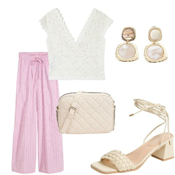 Outfit donna - Le serate di Luglio. Stile Casual per Tutti i giorni. Abbinamento con pantaloni, t-shirt, sandali alla schiava, borse a tracolla, orecchini.