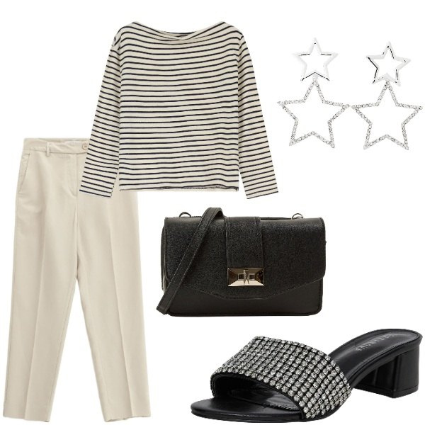 Outfit donna - A cena fuori. Stile Casual chic per Serata fuori. Abbinamento con orecchini, borse a tracolla, ciabatte, pantaloni chino, maglieria.
