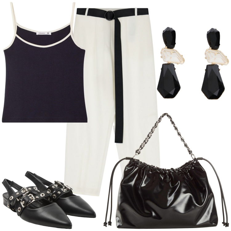 Outfit donna - Bianco e nero. Stile Sporty chic per Tutti i giorni. Abbinamento con shopping bag, sabot, top, pantaloni, orecchini.
