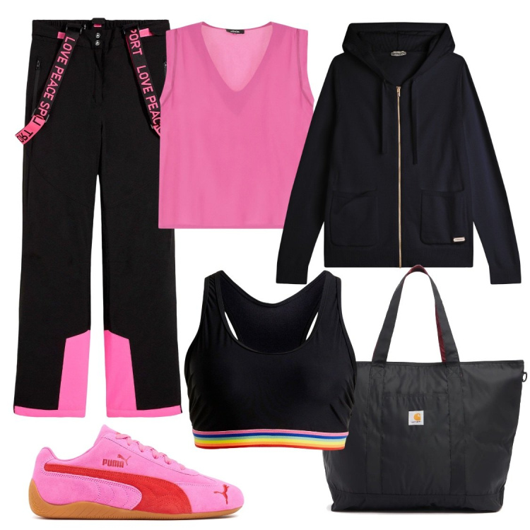 Outfit donna - Love, peace and sport!. Stile Sporty chic per Tutti i giorni. Abbinamento con pantaloni, reggiseni, maglieria, top, shopping bag, sneakers.