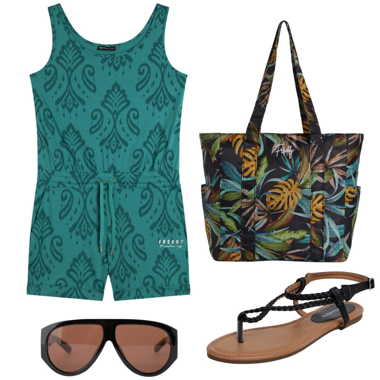Outfit donna - Sto bene al mare. Stile Casual per Mare. Abbinamento con ciabatte, occhiali da sole, shopping bag, tuta corta.